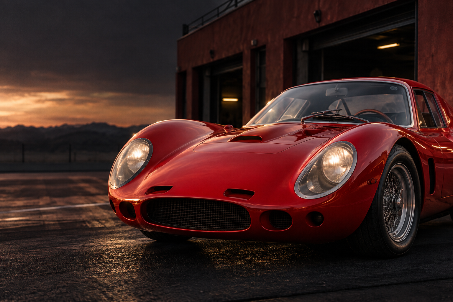 Original concept artwork of a scarlet vintage racing coupe outside a pit garage